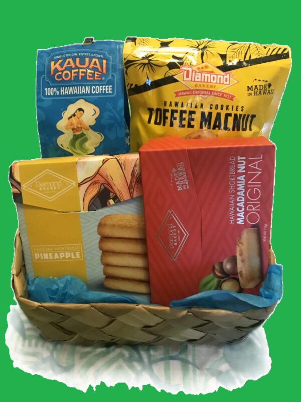 Unique Best Hawaii Coffee and Cookies Gift Box.  Hawaiian Aloha Macadamia Nut Shortbread Food Gift Basket.  Sweet Treat Gift Idea!