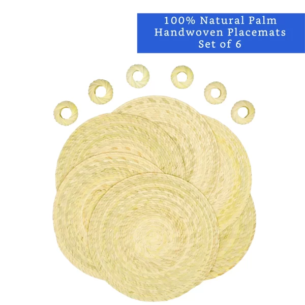 Natural Woven Round Placemats Set of 6 (with Napkin Rings) - Handmade Round Placemats Hawaii Aloha Tropical Island Design Palm Placemats Gift Idea