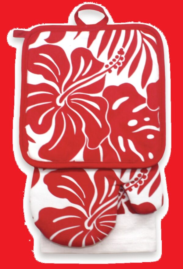Hawaiian Design Premium Kitchen Set: Red Hibiscus Floral