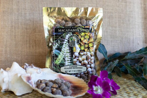 Coffee Roasted Mac nuts Aloha Hawaii Gift Idea in a Wooden Bowl and Gold Pouch